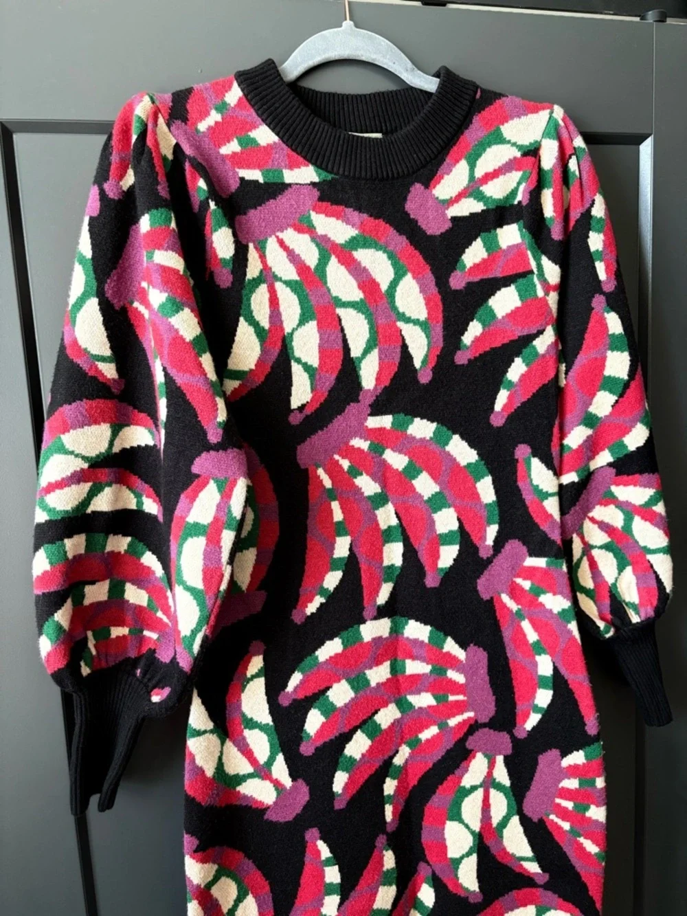 FARM Rio Black Knit Midi Sweater Dress with Pink, Green & Cream Swirls - Picture 5 of 9